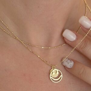 Happy Face Pendant Necklace | Double Layered Ball & Bar Chain | 14K Gold Plated